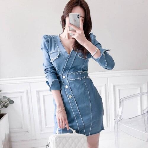 New arrival fashion denim dress women elegant autumn v-neck puff sleeve temperament casual solid simple bodycon mini dress