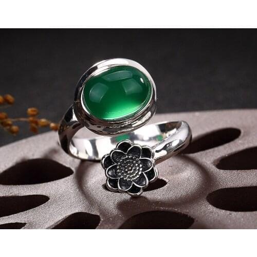 Fashion Silver S925 Pure Silver Retro Thai Silver Lotus Mosaic Jade Pomegranate Red Corundum Ladys Opening Ring Wholesale