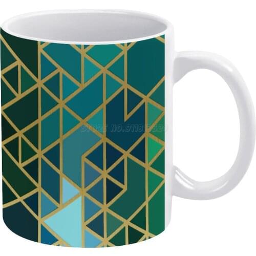 Gold , Green , And Blue Geometric Pattern White Mug To Friends and Family Creative Gift 11 Oz Mug Coffee Ceramic Mug Gold Green