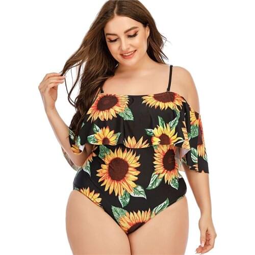 2021 Bikini Sunflower PrintEd Sling Lotus Edge Puls Size One Piece Swimsuit Women
