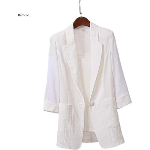 Plus Size 4Xl Women Blazers Coat Solid Color Cotton Linen Medium Long Loose Suit Jacket Female Tops New Summer Spring