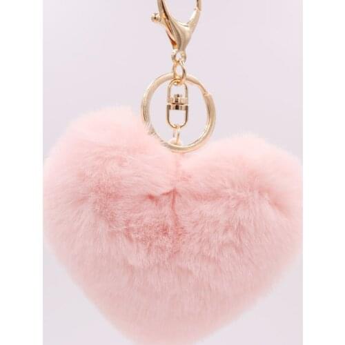 Fluffy Pompom Keychain Soft Solid Color Heart Shape Pompom Faux Rabbit Fur Ball Car Handbag Key Ring Gift Accessories
