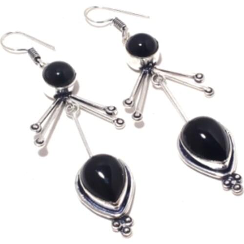 Black Onyx, Silver Overlay on Copper Earrings ,77mm , FRE0062
