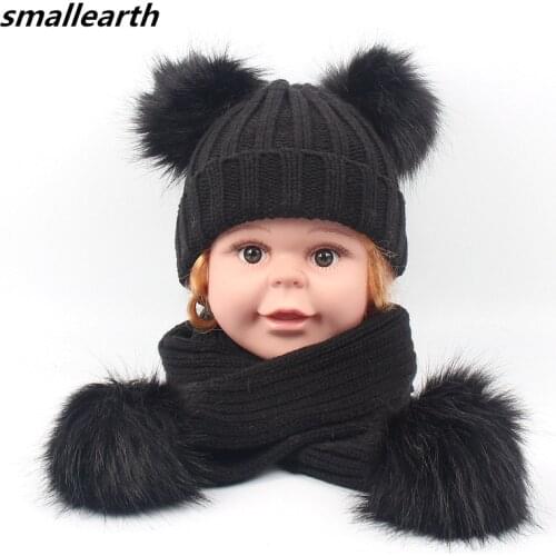 Children Scarf and Hat Sets Winter Boys Girl Double Faux Fur Pompom Cap Scarf Set Baby Kids Warm Knitted Beanies Hat Long Scarf