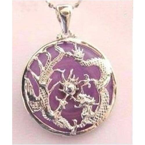 Shipping Purple jade Silver Dragon Phoenix Pendant and Necklace