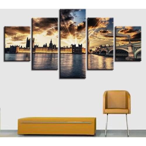 HD Printing Modular Paintings Art 5 Pieces London City Beautiful Building And Bridge Sunshine Scenery Canvas Pictures Decor Wall