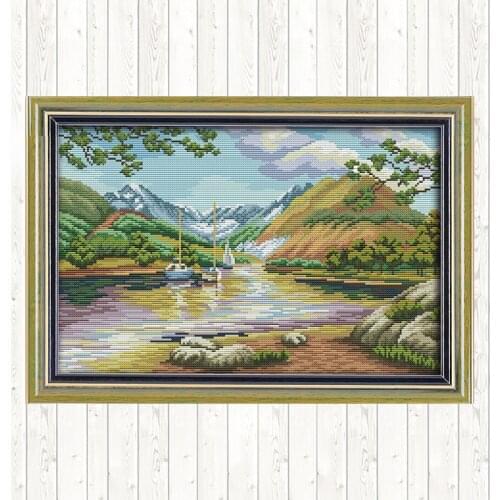 Landscape of Lakes and Hills Cross Stitch Patterns Embroidery Paintings 14ct White and Print Canvas 11ct DIY Hand Needlework Kit