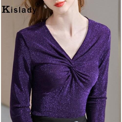 Kislady Tops Sexy Deep V-Neck Long Sleeve Gothic Shirts Harajuku OL Plus Size Shining Women Shirt Korean Patchwork Fold Clothing