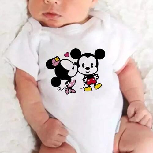 Disney Cute Mouse Mickey Minnie Couple Print Newborn Jumpsuit Short Sleeve Toddler Romper Summer Infant Bodysuits