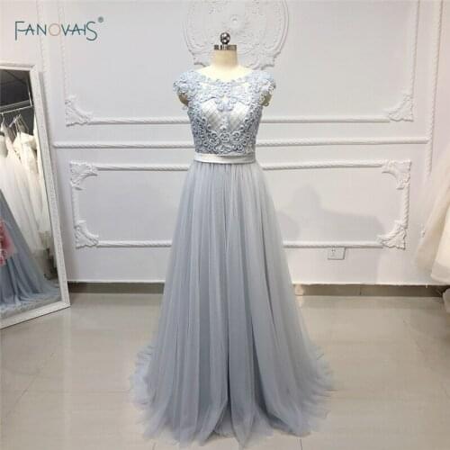 Multi Color Lace Evening Dresses Long 2019 Prom Dresses A-Line Applique Beaded Evening Gown Dress Women Party Gown Tulle NE46