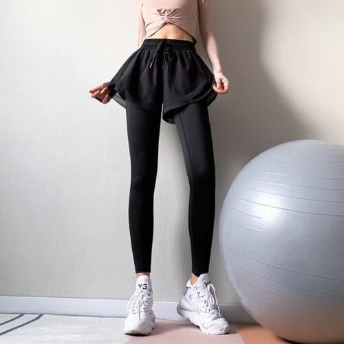 Yoga Leggings Fitness Pants Seamless Fake 2pcs for Women Tight Elasticity High Waist Leggings Pants Running Workout Sports Wear