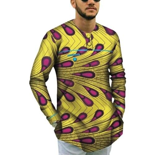 Top Tees African Clothes Men Cotton Shirt Dashiki Long Sleeve Bazin Riche African Clothing Casual Mens Print Top Shirts XH0004