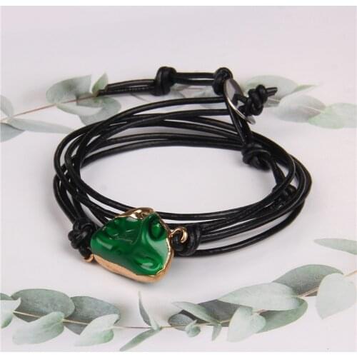 Men Black Leather Bracelet Couples Jewelry Vintage Green Mother Of Pearls Shell Beads Charm Bangle Women Fashion Accessory Gift