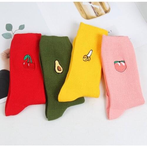 Embroidery Fruit Socks 2021 Autumn Winter Candy Color Double Needle Female Socks Cotton Pile Pile Socks Women Christmas Gift