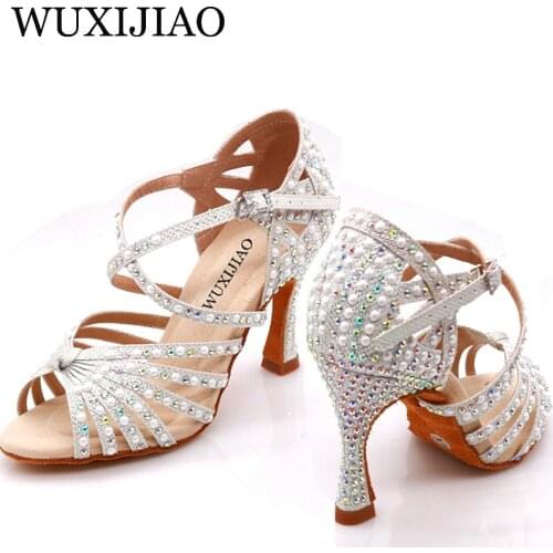 WUXIJIAO Pearl rhinestone Latin dance shoes indoor sports dance shoes comfortable soft bottom salsa many colors to choose