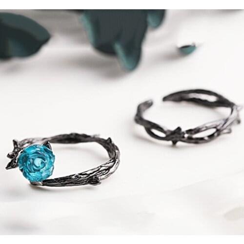 Retro Creative Couple Rings Black Color Rose Flowers Thorns Design Finger Ring Blue Crystal Open Vintage Rings