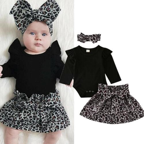 Newborn Baby Girls Dresses Ruffle Romper Leopard Skirt Headband 3Pcs Outfits Set