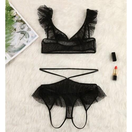 S-3XL 2021New Black Sexy Lingerie Set Women Bra setPlus Size Lace Polka Dot Lingerie Bra open crotch Thong Underwear Set