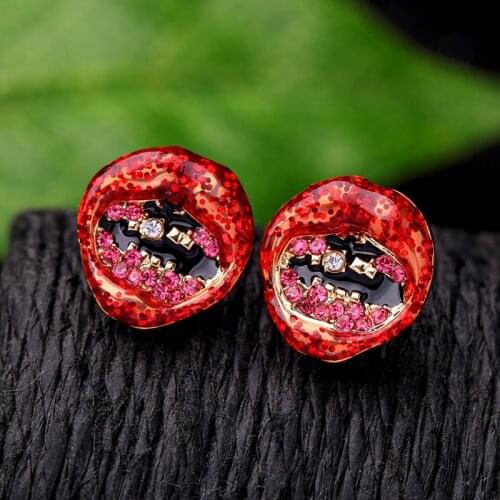 Hyperbole Street Style Sexy Big Lips Red Crystal Teeth Stud Earrings For Women Gifts Fashion Jewelry Wholesale