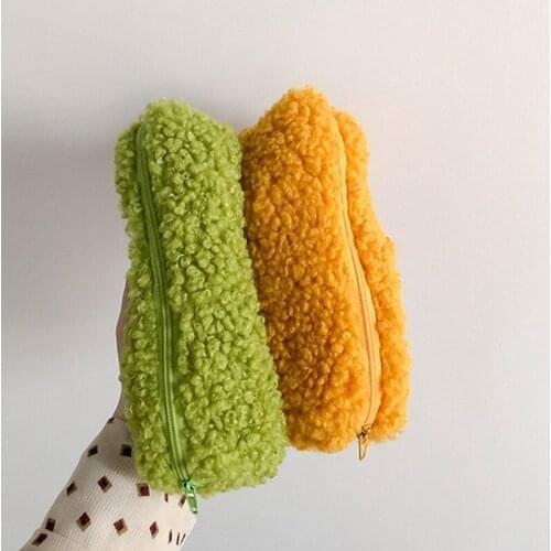 Wool Pink Plush Pencil Case For Girls Student Pencil Stationery Pen Marker Bag Storage Pouch School Supplies