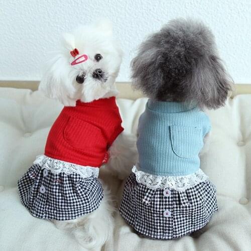 Dogs Clothes Cat Skirt Spring Summer New Knitted Plaid Splicing Two Leg Dog Dresses For Small Dogs Teddy Princess Pets Clothes