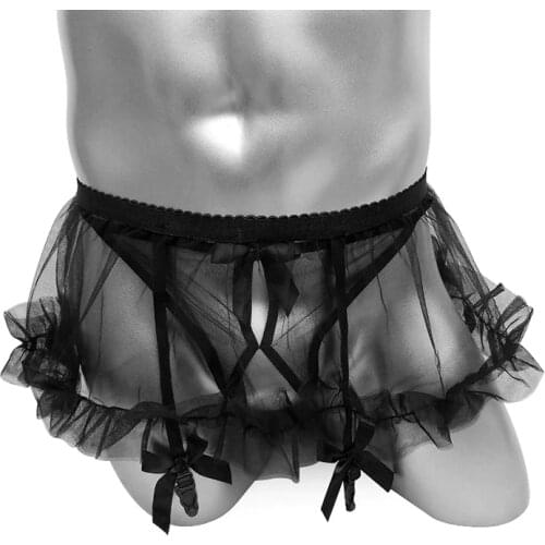 Frilly Sexy Sissy Mini Dress Suspenders With Thong Open Crotch See Through Mens Lingerie Sets Bowknot Crossdresser Panties