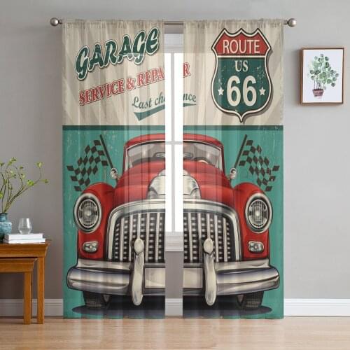 Red Car Letter Icon Vehicle Retro Tulle Sheer Window Curtains for Living Room Kitchen Children Bedroom Voile Hanging Curtain
