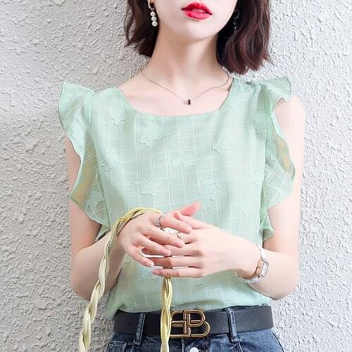 2021 Fashion Summer Women Blouse Shirt Square collar Sleeveless Ruffle Print Chiffon Women Tops Plus Size Womens Clothing Tops