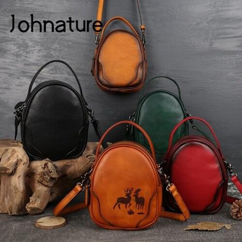 Johnature Versatile Genuine Leather Handbag Women Small Round Bag 2021 New Retro Natuer Cowhide Mobile Phone Shoulder Bags