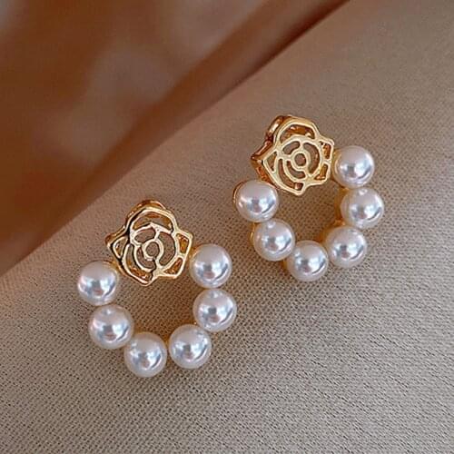 Romantic Korean Crystal Pearl Flower Stud Earrings For Women Wedding Bridal Jewelry Gold Color Plated Girl Piercing Pendant Gift