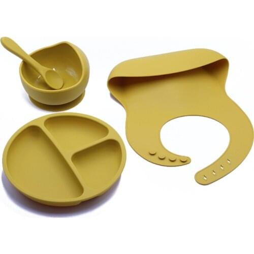 4pcs BPA Free Baby Silicone Tableware Waterproof Bib Solid Color Dinner Plate Sucker Bowl Spoon For Children