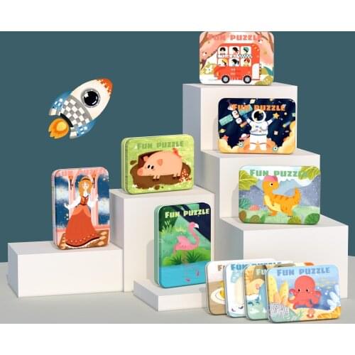 5 Pieces In 1 Set Advanced Jigsaw Puzzle Iron Box Early Education Animal Fruit Figure Cognition Matching Puzzle Wooden Toys