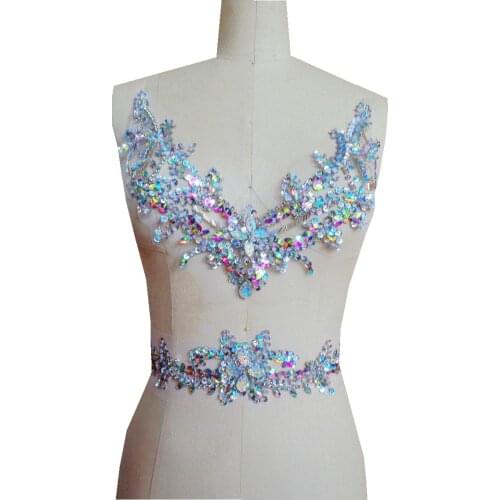 A165 Pure hand made clear AB colour sew on Rhinestones applique crystals patches 29*26cm/38*7cm for dress DIY dress accessory