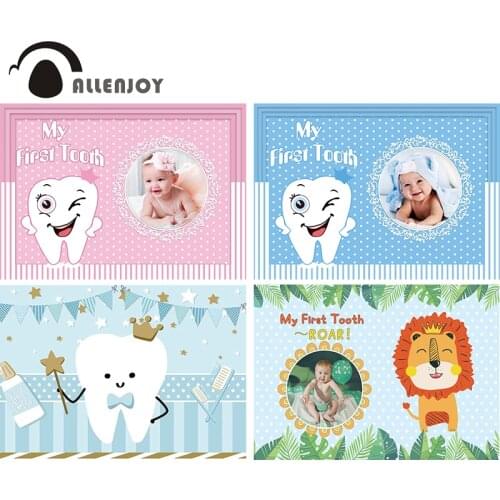 Allenjoy My First Tooth Party Decoration Backdrop Banner Birthday Baby Shower Girl Boy Customize Photo Background Photocall