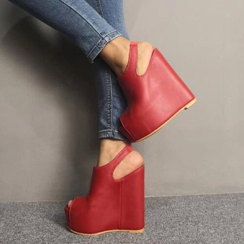 BERZIMER Women Platform Wedges Pumps Faux Leather Peep Toe Sandals Party Zapatos Ladies Unisex Shoes Woman Big Size 44 45 46 52