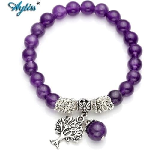 Ayliss Elastic Bracelet Womens Purple Gem Stone Bracelets Hollow Tree Of Life Charm Pendant Natural Stone Yoga Bracelet Jewelry
