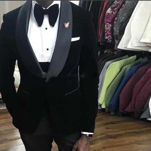 One Button Black Velvet Wedding Groom Tuxedos Shawl Lapel Groomsmen Men Formal Prom Suits (Jacket+Pants+Vest+Tie)