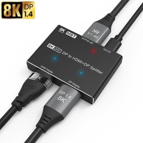 Displayport1.4 8K UHD Distributor DP to DP&HDMI Splitter 8K@30Hz 4K@120Hz 2K@240Hz MST SST Hub for Computer Connect two Monitor