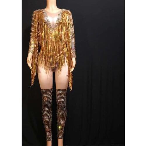 Jazz Dance Costumes Gold Fringes Rhinestones Tassel Outfit Woman Performance Clothes Fashion Hip Hop Dancing Costumes Wear DT528