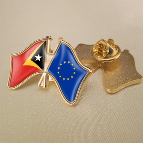 European Union and East Timor Crossed Double Friendship Flags Brooch Badges Lapel Pins