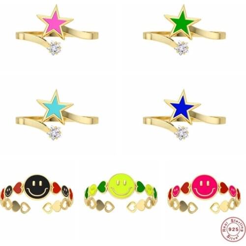 Aide 925 Sterling Silver Colored Enamel Star Smiley Adjustable Rings For Women Blue Pink Cyan Dripping Oil Heart Opening Rings