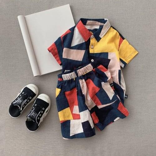 Boy Clothes Set Summer Geometric Style Childrens Clothes Plaid T-shirt + Shorts Sports Fashion 2-Piece Set