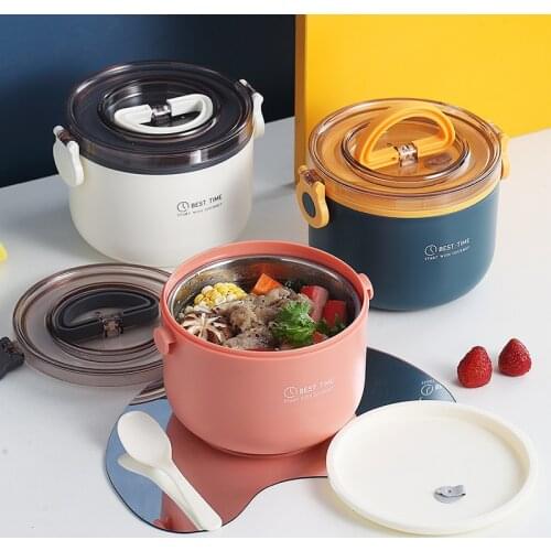 Round Large Capacity Stainless Steel Lunch Box Comes with Tableware Portable Handle Bento Box Modern Minimalist Student Lunch