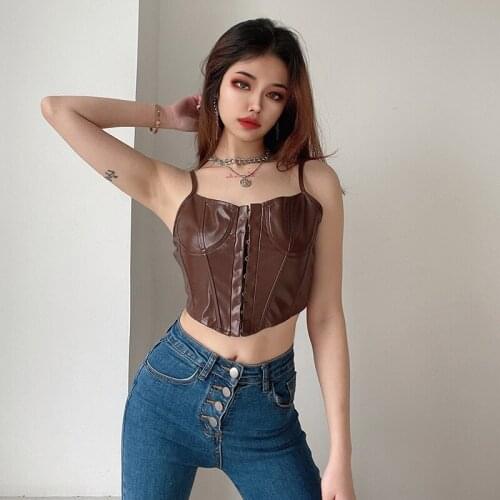 Fashion Women PU Buster Corset Irregular Tank Top Shirt Spring Summer Single-breasted Short Camis Faux Leather Streetwear Top
