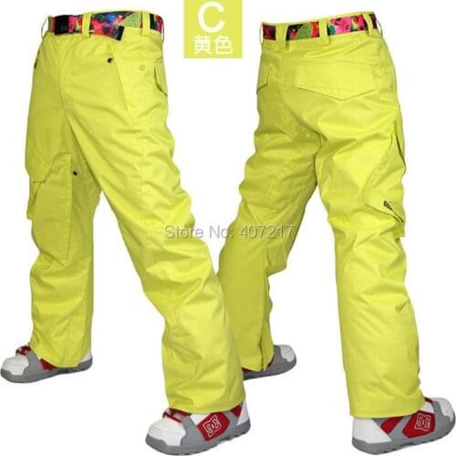 Mens Insulated Ski Pants Yellow Outdoor Snowboarding Climbing Hiking Trousers Gray Padded Snow Pants Waterproof 10K Free Ship