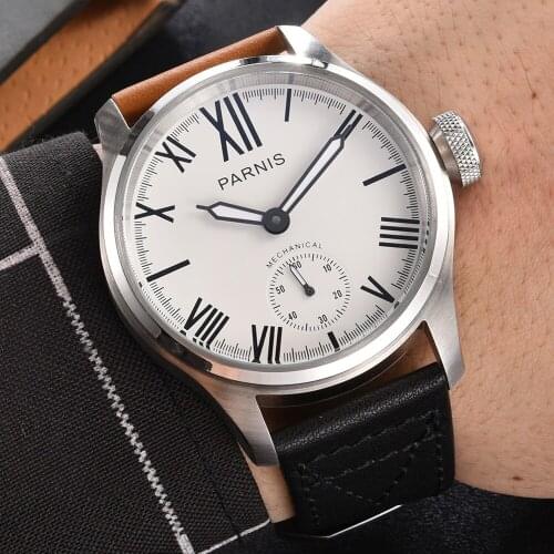 Parnis 46mm White Dial 6498 movement Mechanical Hand Wind Men Watch Stainless Steel Case Mens Watches