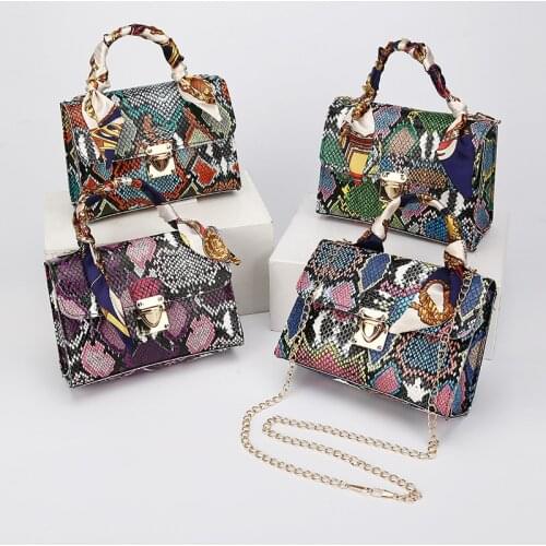 2021 New Women Retro Handbags Hit Color Silk Scarf Shoulder Bag Female Snake Print Small Square Handbags Shopper PU Leather Bag