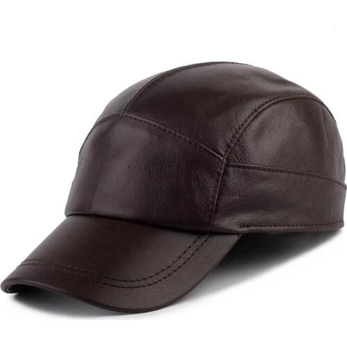 New Winter Mens Genuine Leather Hat Thicken Warm Cowhide Leather Baseball Caps With Ears Dads Hats Snapback