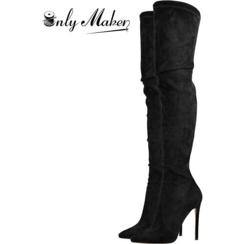 Onlymaker Women Pointed Toe Over the Knee Stretch High Boots 10-11CM High Heel Stiletto Flock Zip Boots Big Size US5~US15
