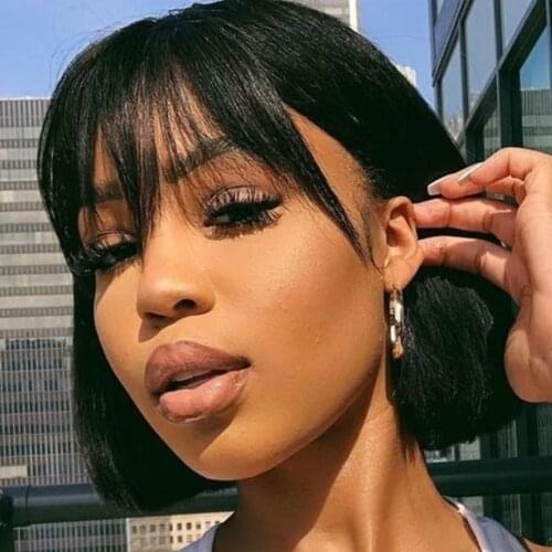 Straight Bob Wig Human Hair Wigs With Bangs For Black Women Full Machine Made Wig Brazilian Hair Pre Plucked Short Fringe Wigs